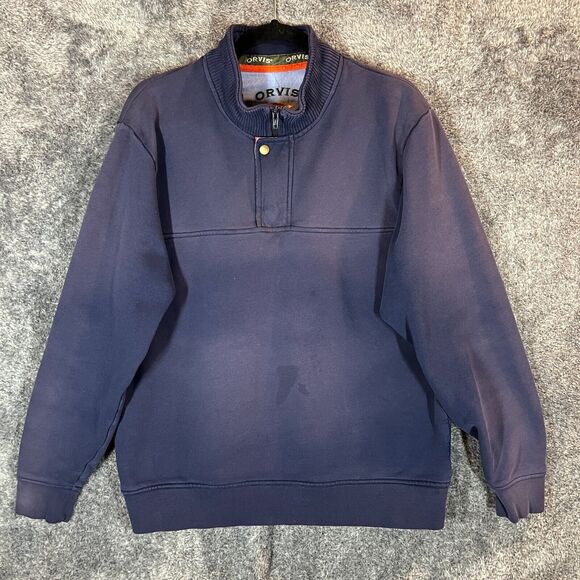 Orvis 1/4 Snap Button Sweatshirt Mens Large Dark Blue Pullover Outdoors Stains - Picture 1 of 10